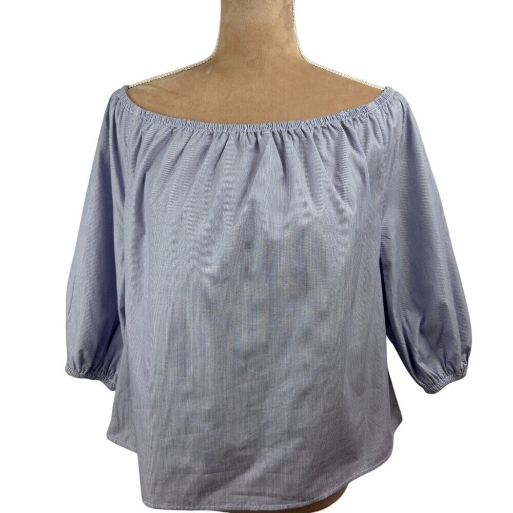 Maeve Womens XS Top Blue White Cotton Chambray Off Shoulder Preppy‎ Spring NWT - Picture 4 of 16